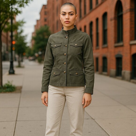 army green utility jacket mock neck snaps epaulettes sz medium Point Zero - Picture 1 of 14